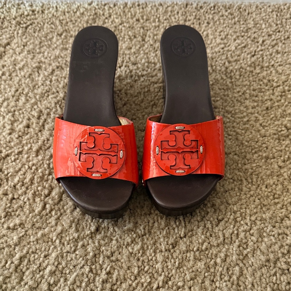 Tory Burch Orange Patent Leather Mules